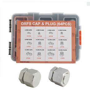 64 Piece ORFS Cap & Plug Kit Hose Tube and Pipe Hydraulic Fitting Set O-Ring Face Seal Cap and Plug Kit Galvanized 45# Steel with Precision Threading Sizes 4 6 8 10 12 16