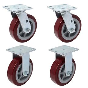 ICON Caster Wheels 6" x 2" PRO Heavy Duty Industrial Casters, Top Plate 4" x 4.5", Maroon, 2 Rigid 2 Swivel, Non-Marking Pro-Tech Polyurethane Wheel, Load Capacity 3600 lbs. per Set (4-Pack)