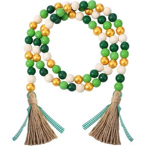 St. Patrick's Day Bead Garland, Green White Wood Beads Decoration with Lucky Shamrock Wood Tag Jute Rope Plaid Tassel Farmhouse Rustic Garland for Tiered Tray Spring Holiday Wall Hanging Décor, 33" in Kuwait