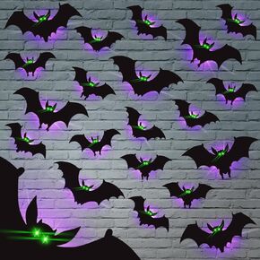 24 Pack Halloween Bats Decorations Wall Stickers with Glow in Dark Eye, 4 Different Style Removable PVC Wall Bats Sticker for Indoor Outdoor Home Window Garage Decor Party Supplies