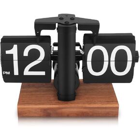 Retro Flip Clock, Automatic Retro Clock 12 Hours Modern Digital Mechanical with Wooden Base Retro Clock for Home, Office, Restaurant (Stainless Steel Black)
