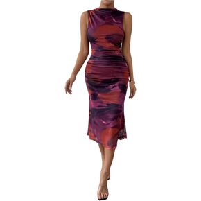 Milumia Women's Tie Dye Ruched Draped Mock Neck Sheer Mesh Bodycon Dress Sleeveless Long Midi Tank Dresses