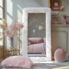 Full Length Mirror 63"x24" Free Standing Floor Mirror Chic White Faux Fur Framed Wall Mounted Full Body Mirror Leaning Hanging Wall Mirror for Bedroom Entrance