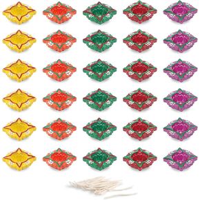 Handmade Colorful Earthen Clay Handpainted Diyas for Diwali Pooja Festival Decoration Lights for Diwali Home Indoor Outdoor Decor with Cotton Wicks (Set of 30)