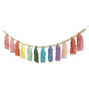 Rainbow Tassel Garland with Wood Bead Tassel Garland Banner for Classroom Bedroom Boho Tassel Garland Rainbow Garland Hanging Wall Decoration Colorful Room Decor (Style B)