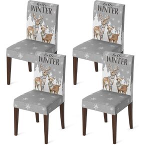Horaldaily 4PCS Christmas Dining Chair Covers,Grey Elk Stretch Removable Washable Slipcover Chair Protector for Dining Room Home Decor