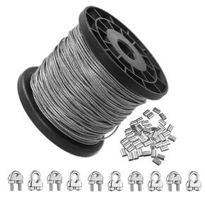 1/16 Inch Vinyl Coated Wire Rope Kit,330 Feet Stainless Steel 304 Wire Cable with 50 PCS Aluminum Crimping Loop and 10 PCS Clamps (7x7 Strand Core)