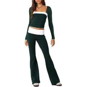 Aisbei Lounge Sets for Women 2 Piece Y2K Outfits Long Sleeve Square Neck Crop Tops Fold Over Flare Pants Set Tracksuits