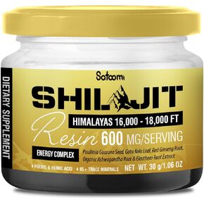 Shilajit Pure Himalayan Organic Resin - 30g Shilajit Supplement with 85+ Trace Minerals, Paullinia Guarana, Gotu Kola Leaf & More - Energy Production, Immune System & Comfortable Mood - 50-Day Supply