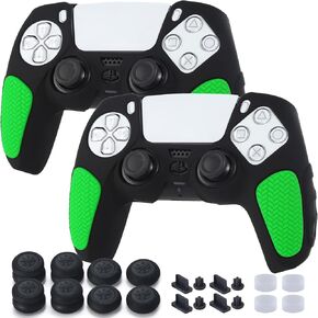 Non-Slip Handle Protective Skins for PS5 Controller x 2(Black+Red) with Thumb Grips x 8, Plugs x 8, Anolog Protectors x 4