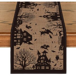 Artoid Mode Black Tan Spooky Haunted House Tree Witch Halloween Table Runner, Fall Kitchen Dining Table Decoration for Home Party Decor 13x72 Inch