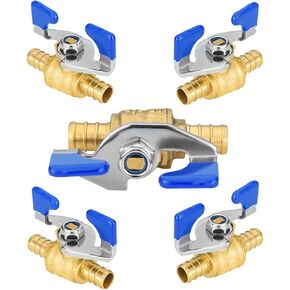 5-PCs Blue PEX Ball Valves, 3/4-Inch Barb Crimp Water Shut Off Valve with Butterfly Handle, ASTM F1807 PEX Valve for Hot and Cold Water