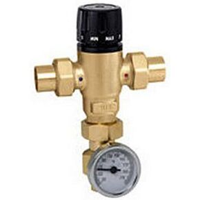 Caleffi 521519AC Mixing Cal 3-Way Thermo Mixing Valve with checks, Low-Lead Brass with Adaptor