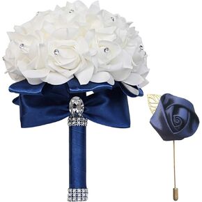 Wedding Bouquet, Artificial Roses Bouquet for Bride Bridesmaids with Crystal Diamond Soft Ribbons, Bridal Flowers for Wedding, Bride Hand Bouquet Artificial Flowers Toss Bouquet (Red)