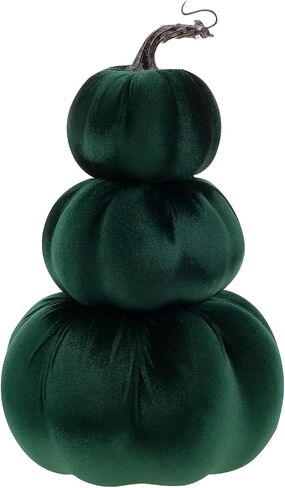 12.6 Inch Artificial Velvet Pumpkin Tower Decor Fake Handmade Faux Stacked Pumpkins Festival Foam Fall Harvest Garden Rustic Lifelike Tabletop Display - Green in Saudi Arabia