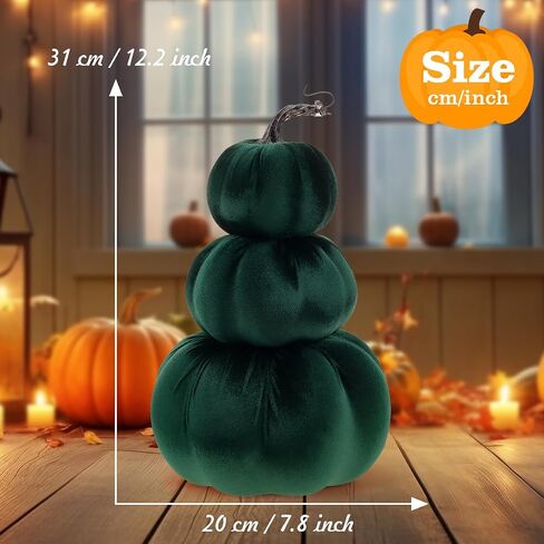 12.6 Inch Artificial Velvet Pumpkin Tower Decor Fake Handmade Faux Stacked Pumpkins Festival Foam Fall Harvest Garden Rustic Lifelike Tabletop Display - Green in Saudi Arabia