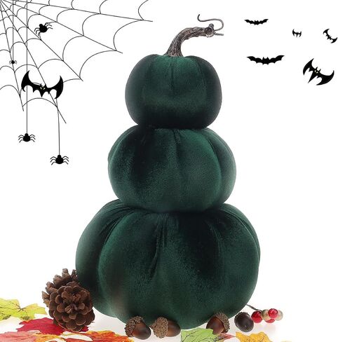 12.6 Inch Artificial Velvet Pumpkin Tower Decor Fake Handmade Faux Stacked Pumpkins Festival Foam Fall Harvest Garden Rustic Lifelike Tabletop Display - Green in Saudi Arabia