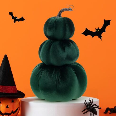 12.6 Inch Artificial Velvet Pumpkin Tower Decor Fake Handmade Faux Stacked Pumpkins Festival Foam Fall Harvest Garden Rustic Lifelike Tabletop Display - Green in Saudi Arabia