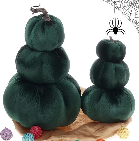 12.6 Inch Artificial Velvet Pumpkin Tower Decor Fake Handmade Faux Stacked Pumpkins Festival Foam Fall Harvest Garden Rustic Lifelike Tabletop Display - Green in Saudi Arabia