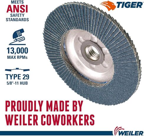 Weiler 50519 Tiger Premium Type 29 قرص قلاب بزاوية، ألومينا زركونيا، 60 حبيبة، 5/8"-11" UNC، 13000 دورة في الدقيقة، 4-1/2 (عبوة من 10) in Kuwait