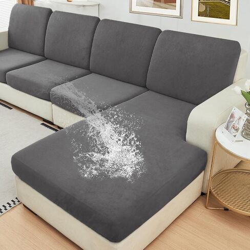 NAISI Waterproof Couch Cushion Covers Thick Velvet Fabric Washable Sofa Slipcovers Sectional Couch Covers for 3 Pieces Separate L Shape Couch Cover with Elastic Bottom(2 Seater + 1 Chaise,Grey) in Kuwait