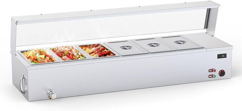 48QT سخان طعام تجاري 6x8QT طاولة بخار كهربائية 6 مقالي مع درع أكريليك من الفولاذ المقاوم للصدأ باين ماري كونترتوب مع حماية من الحرارة الزائدة لحفلات البوفيهات والمطاعم 1500 وات، 110 فولت in Kuwait