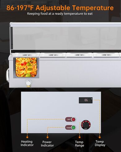 48QT سخان طعام تجاري 6x8QT طاولة بخار كهربائية 6 مقالي مع درع أكريليك من الفولاذ المقاوم للصدأ باين ماري كونترتوب مع حماية من الحرارة الزائدة لحفلات البوفيهات والمطاعم 1500 وات، 110 فولت in Kuwait