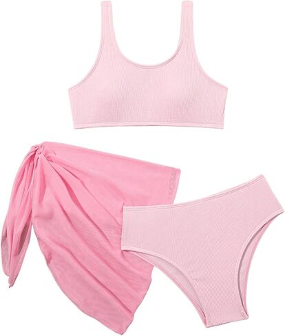 Girl's 3 Piece Bikini Sets Wireless High Waisted Bathing Suit Cute Swimsuit with Cover Up Skirts in Saudi Arabia