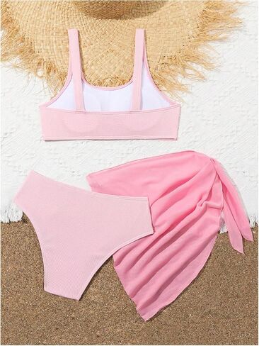 Girl's 3 Piece Bikini Sets Wireless High Waisted Bathing Suit Cute Swimsuit with Cover Up Skirts in Saudi Arabia