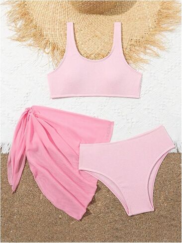 Girl's 3 Piece Bikini Sets Wireless High Waisted Bathing Suit Cute Swimsuit with Cover Up Skirts in Saudi Arabia