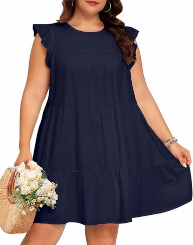 Holipick Women's Plus Size Summer Dresses Casual Short Dress Babydoll Ruffle Sleeve Swing Flowy Sleeveless Tunic Dress in Saudi Arabia