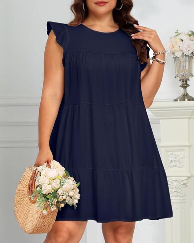 Holipick Women's Plus Size Summer Dresses Casual Short Dress Babydoll Ruffle Sleeve Swing Flowy Sleeveless Tunic Dress in Saudi Arabia