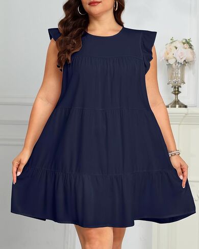 Holipick Women's Plus Size Summer Dresses Casual Short Dress Babydoll Ruffle Sleeve Swing Flowy Sleeveless Tunic Dress in Saudi Arabia
