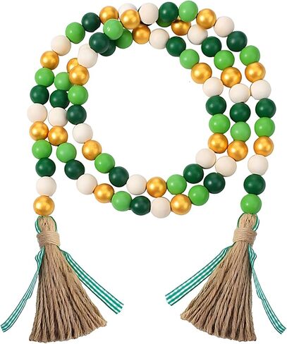 St. Patrick's Day Bead Garland, Green White Wood Beads Decoration with Lucky Shamrock Wood Tag Jute Rope Plaid Tassel Farmhouse Rustic Garland for Tiered Tray Spring Holiday Wall Hanging Décor, 33" in Kuwait