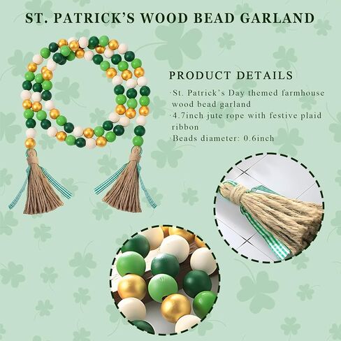 St. Patrick's Day Bead Garland, Green White Wood Beads Decoration with Lucky Shamrock Wood Tag Jute Rope Plaid Tassel Farmhouse Rustic Garland for Tiered Tray Spring Holiday Wall Hanging Décor, 33" in Kuwait