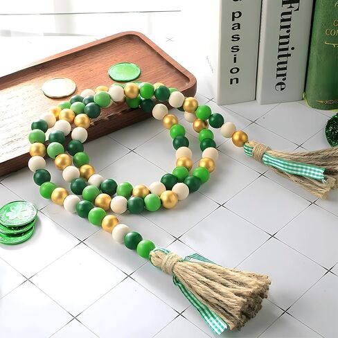 St. Patrick's Day Bead Garland, Green White Wood Beads Decoration with Lucky Shamrock Wood Tag Jute Rope Plaid Tassel Farmhouse Rustic Garland for Tiered Tray Spring Holiday Wall Hanging Décor, 33" in Kuwait