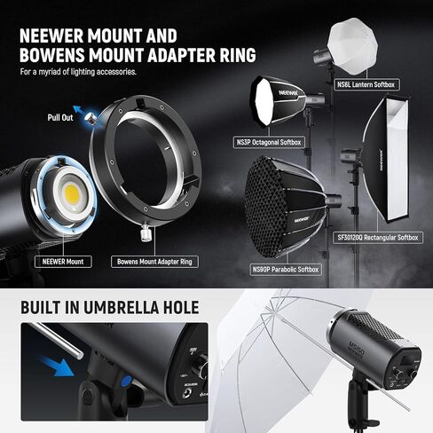 NEEWER MS60 LED ضوء فيديو مع تحكم 2.4G/APP، 65W 5600K ضوء النهار Mini COB إضاءة الإخراج المستمر، 40000lux/1m، CRI 97+/TLCI 98+، 9 مشاهد، 0-100% PWM Dimming، محول تثبيت Bowens in Kuwait