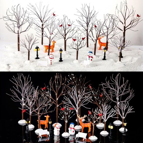 Soaoo 22 Pcs Christmas Village Decoration Ornaments Include 12 Bare Branch Trees 2 Reindeer 2 Snowmen 4 Street Lamps 2 Mini Garden Bench Christmas Village Accessories Figurine for Xmas Holiday Decor in Saudi Arabia