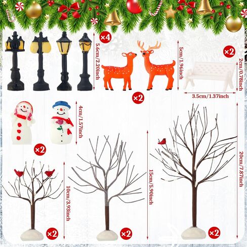 Soaoo 22 Pcs Christmas Village Decoration Ornaments Include 12 Bare Branch Trees 2 Reindeer 2 Snowmen 4 Street Lamps 2 Mini Garden Bench Christmas Village Accessories Figurine for Xmas Holiday Decor in Saudi Arabia