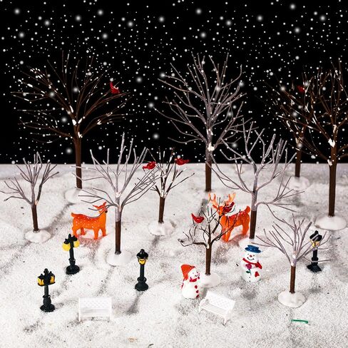 Soaoo 22 Pcs Christmas Village Decoration Ornaments Include 12 Bare Branch Trees 2 Reindeer 2 Snowmen 4 Street Lamps 2 Mini Garden Bench Christmas Village Accessories Figurine for Xmas Holiday Decor in Saudi Arabia