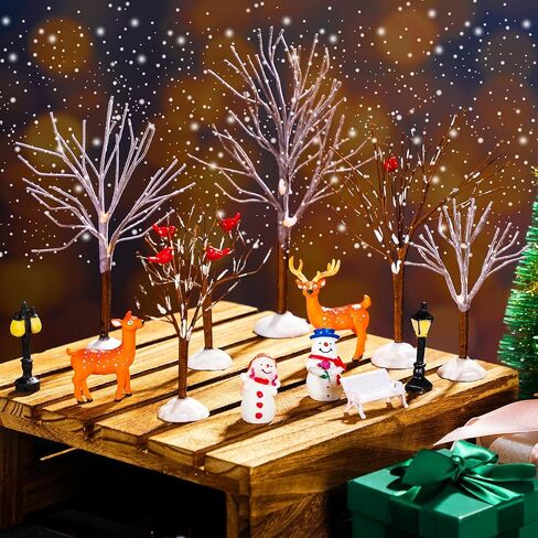 Soaoo 22 Pcs Christmas Village Decoration Ornaments Include 12 Bare Branch Trees 2 Reindeer 2 Snowmen 4 Street Lamps 2 Mini Garden Bench Christmas Village Accessories Figurine for Xmas Holiday Decor in Saudi Arabia
