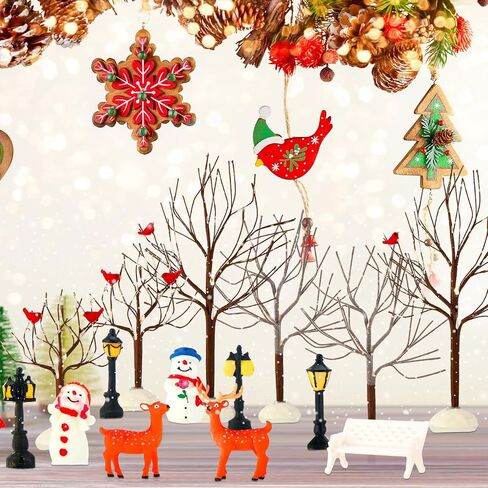 Soaoo 22 Pcs Christmas Village Decoration Ornaments Include 12 Bare Branch Trees 2 Reindeer 2 Snowmen 4 Street Lamps 2 Mini Garden Bench Christmas Village Accessories Figurine for Xmas Holiday Decor in Saudi Arabia