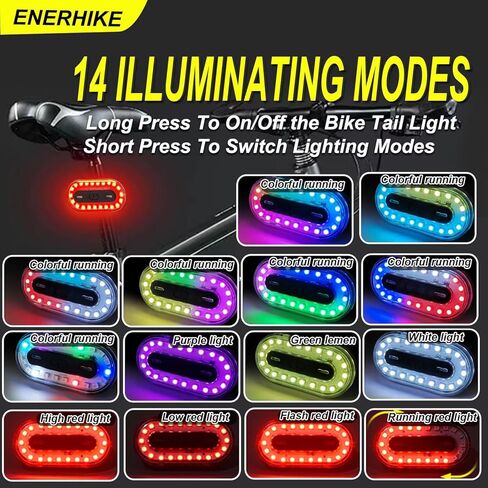 ضوء خلفي للدراجة، ضوء خلفي للدراجة قابل لإعادة الشحن عبر USB، ضوء خلفي للدراجة مقاوم للماء RGB مصباح يدوي 7 ألوان 14 ضوء تحذير LED، ضوء لوح التزلج RGB in Kuwait