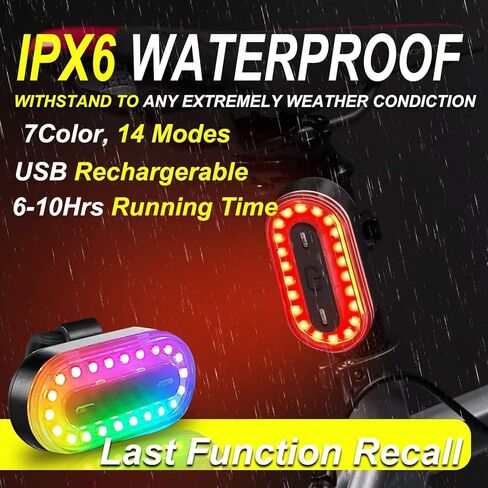 ضوء خلفي للدراجة، ضوء خلفي للدراجة قابل لإعادة الشحن عبر USB، ضوء خلفي للدراجة مقاوم للماء RGB مصباح يدوي 7 ألوان 14 ضوء تحذير LED، ضوء لوح التزلج RGB in Kuwait