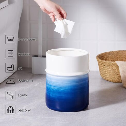 Decorative Round Small Trash Can Wastebasket, Garbage Container Bin for Bathrooms, Powder Rooms, Kitchens, Home Offices - Sand Glaze Non-Slip Design,Beige in Kuwait