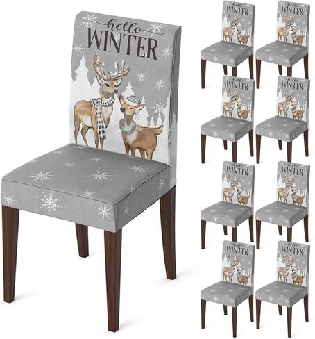 Horaldaily 4PCS Christmas Dining Chair Covers,Grey Elk Stretch Removable Washable Slipcover Chair Protector for Dining Room Home Decor in Saudi Arabia