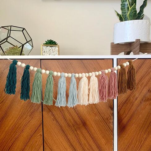Rainbow Tassel Garland with Wood Bead Tassel Garland Banner for Classroom Bedroom Boho Tassel Garland Rainbow Garland Hanging Wall Decoration Colorful Room Decor (Style B) in Saudi Arabia