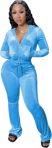 Two Piece Outfits for Women Womens 2 Piece Velour Hoodie Jogger Tracksuit, Long Sleeve Full-Zip Up Velvet Crop Tops Jacket Flared Pants Fall Lounge Matching Sets Sportswear Jogging Sweatsuit Pockets in Saudi Arabia