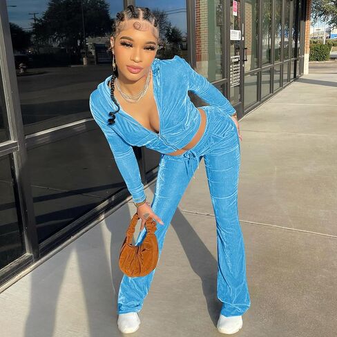Two Piece Outfits for Women Womens 2 Piece Velour Hoodie Jogger Tracksuit, Long Sleeve Full-Zip Up Velvet Crop Tops Jacket Flared Pants Fall Lounge Matching Sets Sportswear Jogging Sweatsuit Pockets in Saudi Arabia