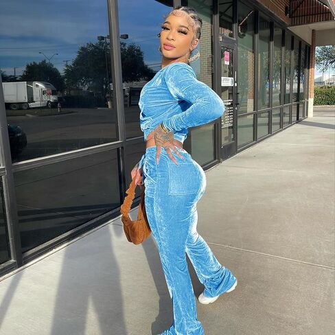 Two Piece Outfits for Women Womens 2 Piece Velour Hoodie Jogger Tracksuit, Long Sleeve Full-Zip Up Velvet Crop Tops Jacket Flared Pants Fall Lounge Matching Sets Sportswear Jogging Sweatsuit Pockets in Saudi Arabia